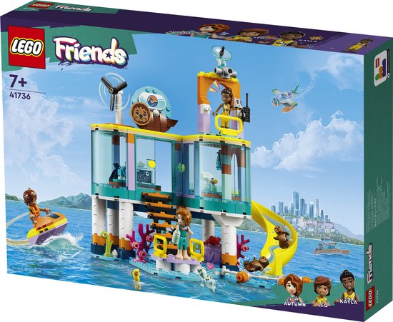 LEGO Friends Reddingscentrum op zee. Met de poppetjes Autumn, Leo en Kayla. Met een zeehond, dieren, jetski en een gebouw met glijbaan.