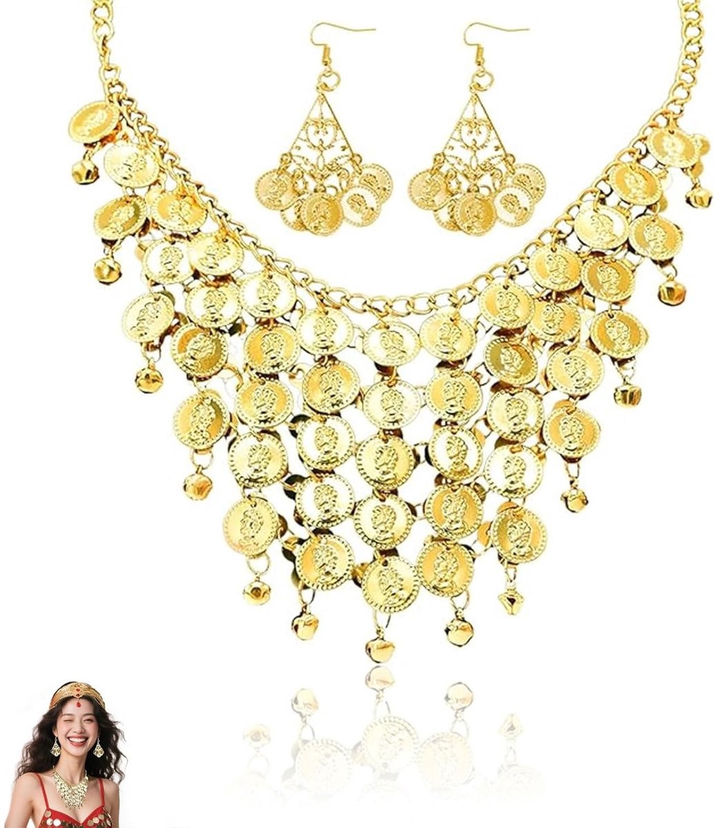 Bellydance Accessoires voor Vrouwen, Gouden Oorbellen en Ketting met Muntjes, Piratenkostuum en Geluksjuwelen