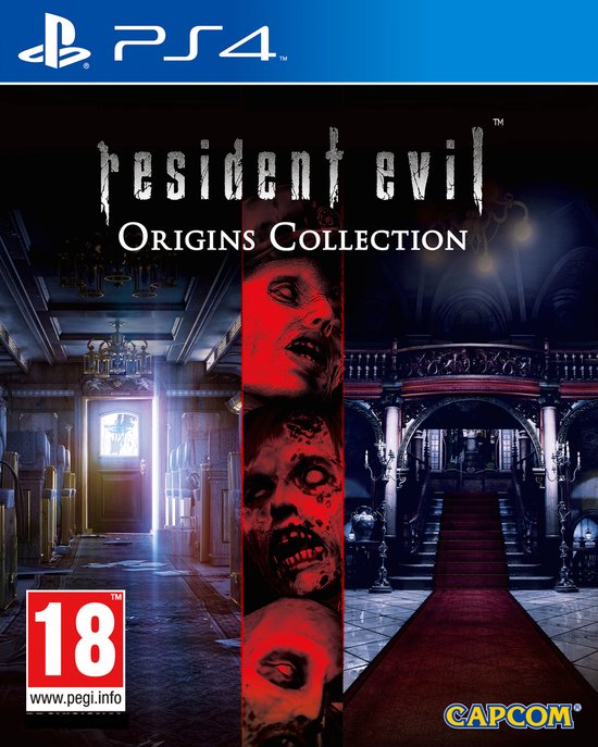 Resident Evil Origins Collection PS4 boxart met gevaarlijke zombies en een 18+ rating.