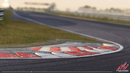 Gedetailleerd zicht op een bocht met rode en witte randstenen op een circuit.