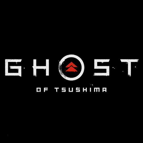 Logo van Ghost of Tsushima met witte letters en een rode cirkel met drie rode pijlen op een zwarte achtergrond.
