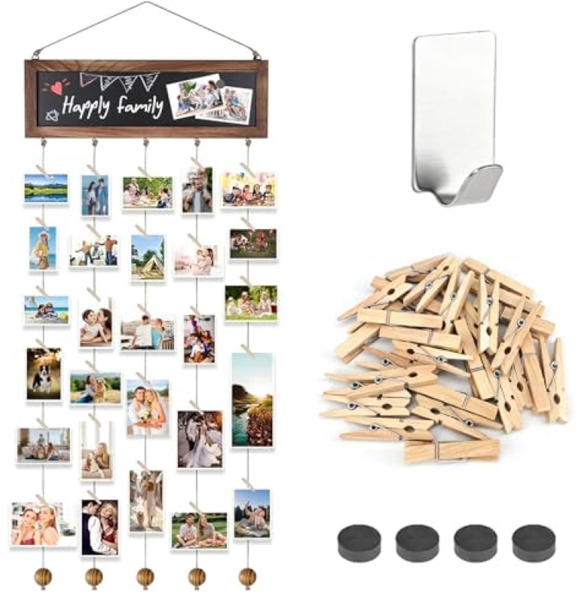 PromoHome Fotogordijn met 30 Houten Klemmen - Fotolijst met Koord - 90 cm - Bruin - voor Fotowand en Wanddecoratie