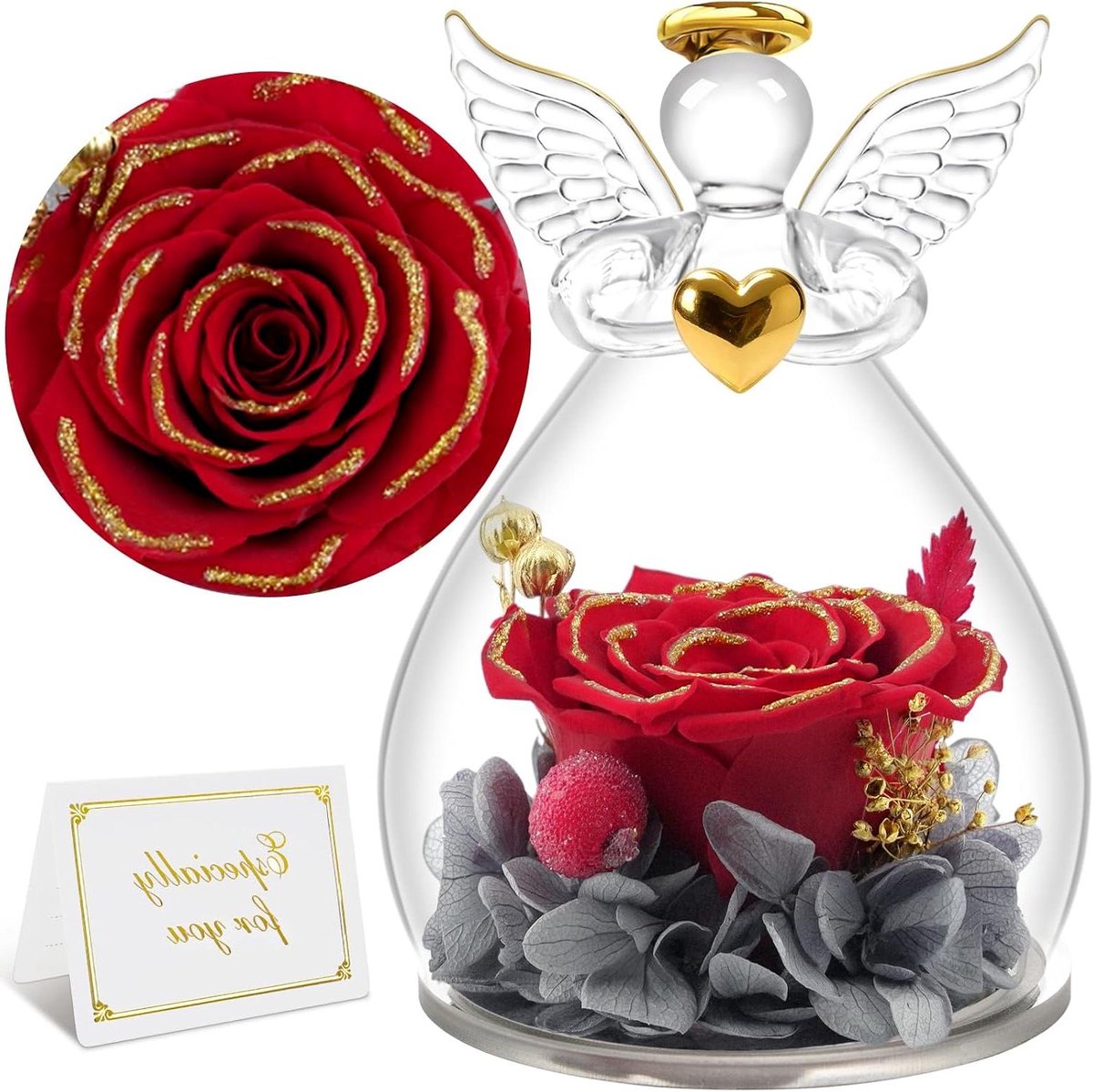Eeuwige Roos Engel - Beeldje Bloem - Cadeau Geven - Handgemaakt Conservering - 7x7x10.5 cm - Goud