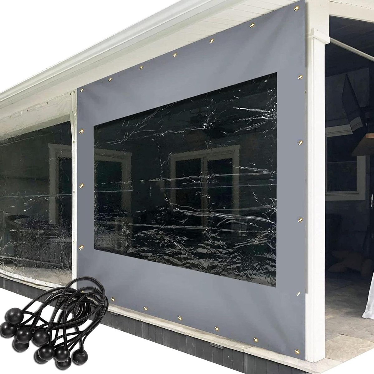 Transparant PVC Zeildoek - Zijwand Gordijn - Buitenruimte Afschermen - Weerbestendig - 400 x 250 cm - Grijs/Transparant