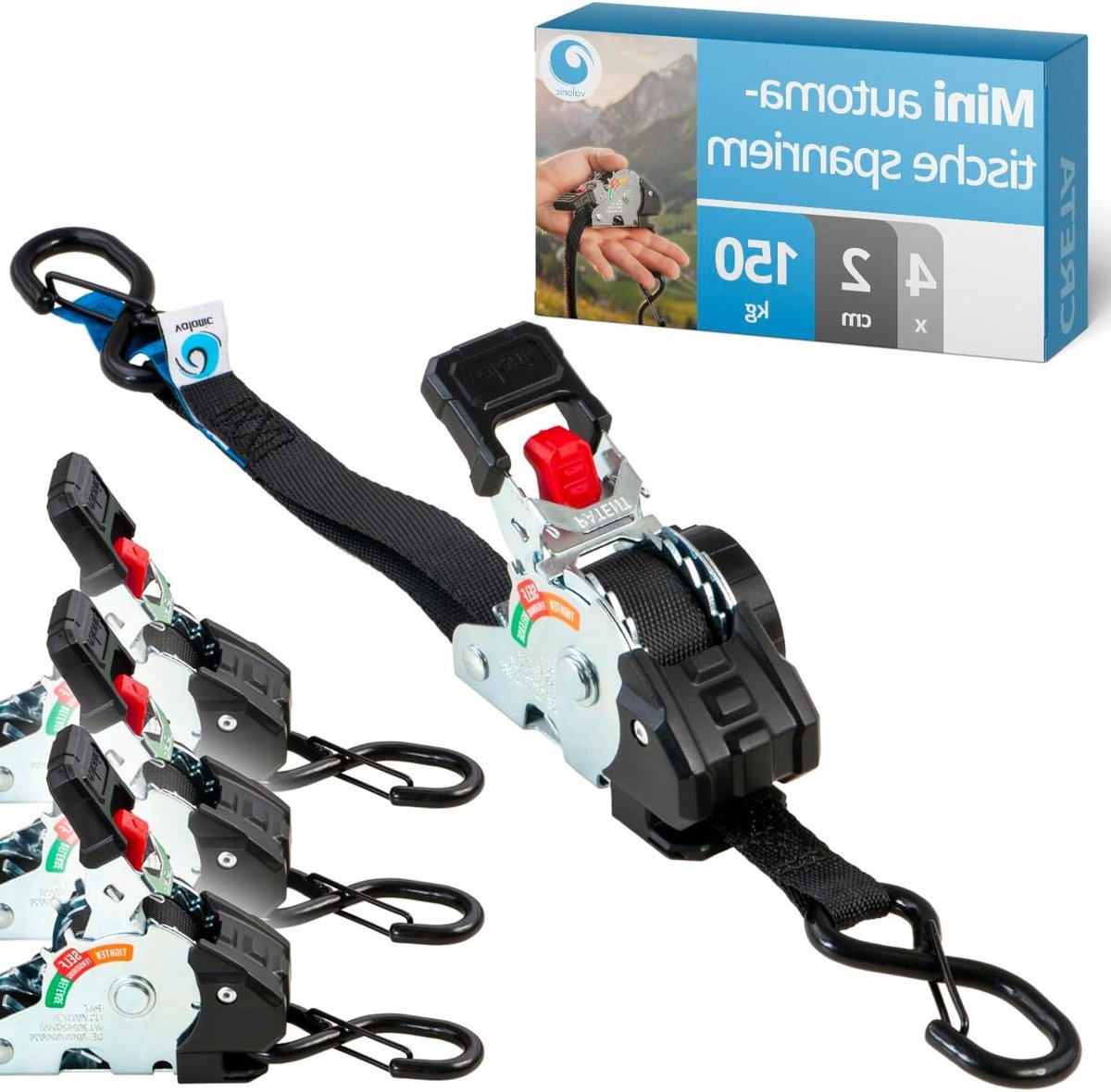 Spanbanden set - Spanbanden met ratel - Bagage vastzetten - Automatisch oprollend - 4 x 2m - Zwart