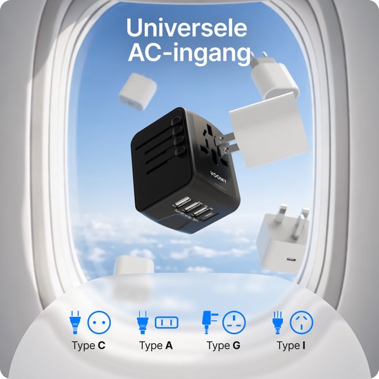Voomy Reisstekker 170+ landen - Universele Wereldstekker - 1 USB-C & 3 USB-A - Reisadapter Wereld Engeland (UK), Amerika (USA), Australië, Zuid Amerika, Afrika, Italië, Thailand - zwart