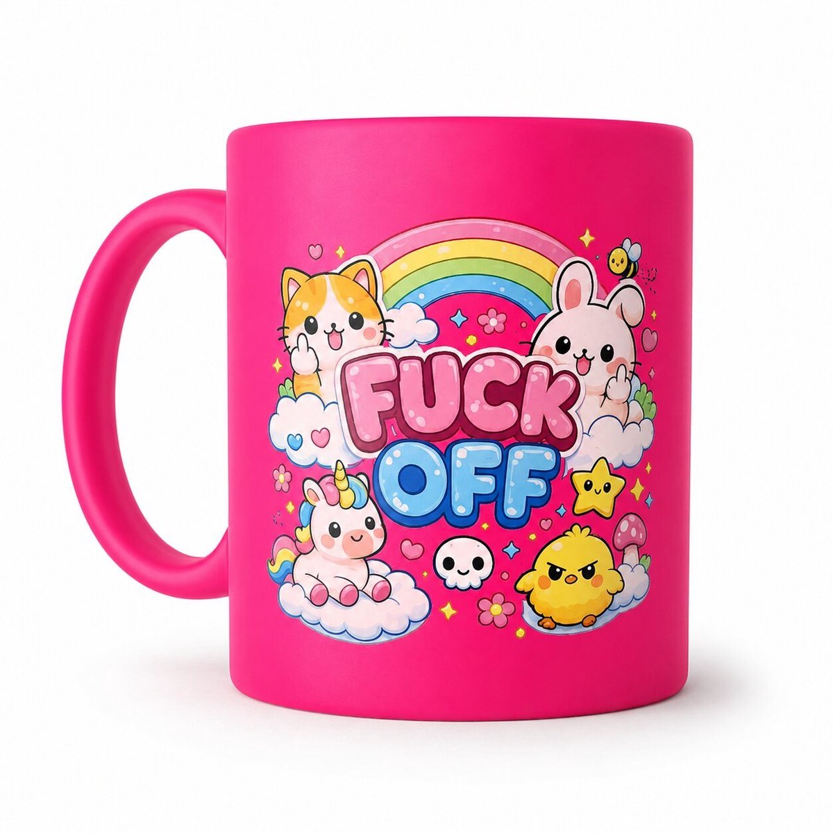 Grappige mok 'Fuck Off' regenboog - neon roze - 18+ - schattig en schunnig - eenhoorn - cadeau voor volwassenen - 325ml