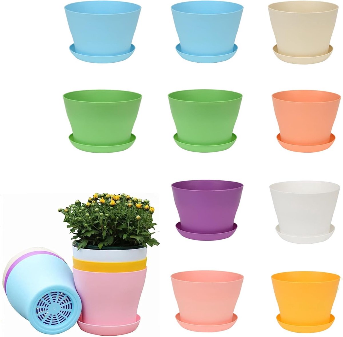 Set van 10 Kleine Bloempotten met Schotels voor Planten, Zaailingen en Vetplanten voor Tuin en Thuisgebruik (10 cm)