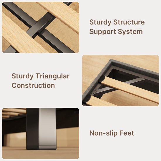Gros plans d'une structure de lit robuste avec lattes en bois, construction triangulaire et pieds antidérapants.