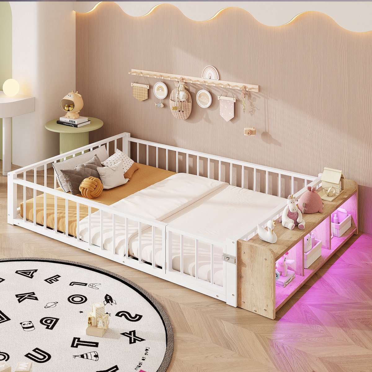 FloraGrace Metalen Kinderbed 140x200 cm - Met Ledverlichting en Open Opbergvak - Veiligheidsrail - Zonder Matras - Wit