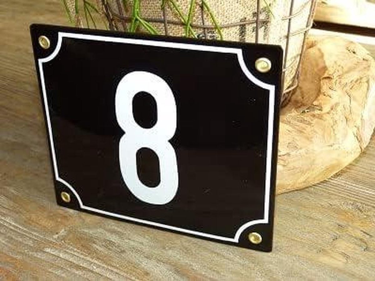 Emaille Huisnummer - Huisnummerbord Gebold - Huis Identificatie - Handmatig Ingekleurd - 18x15 cm - Zwart Wit