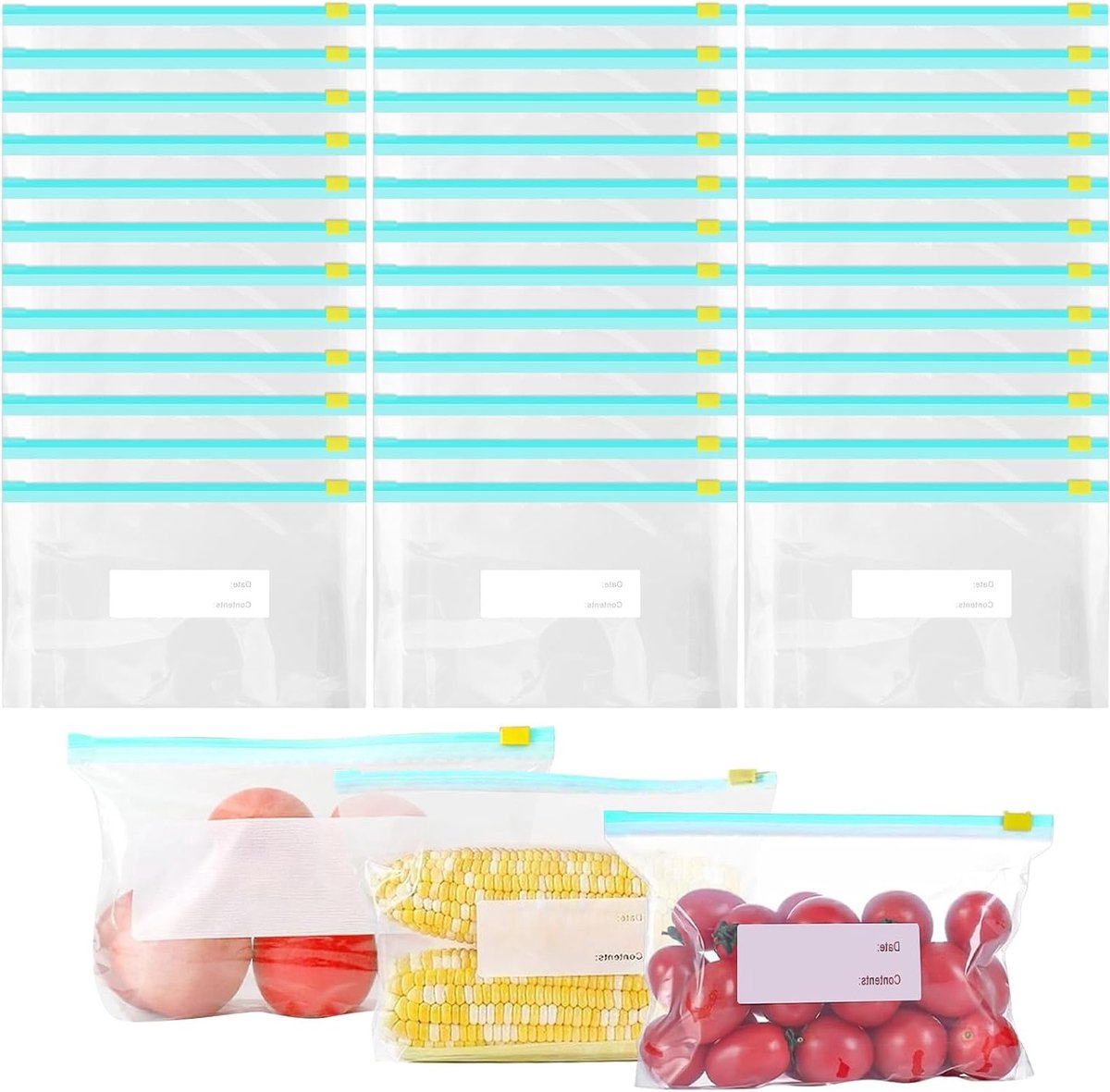 Hergebruikbare diepvrieszakken, 60 stuks, afsluitbare zakken voor voedsel, ideaal voor vlees, fruit en groenten, perfect voor snacks en maaltijdprep