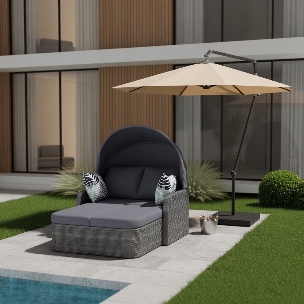 Solar Island Garden Lounge Set, PE Rattan with Adjustable Canopy, All-Weather Patio Wicker Lounger, Double Lounge with 4 Cushions and Removable Cushion Cover, for Garden, Pool, Grey-IndustroHome