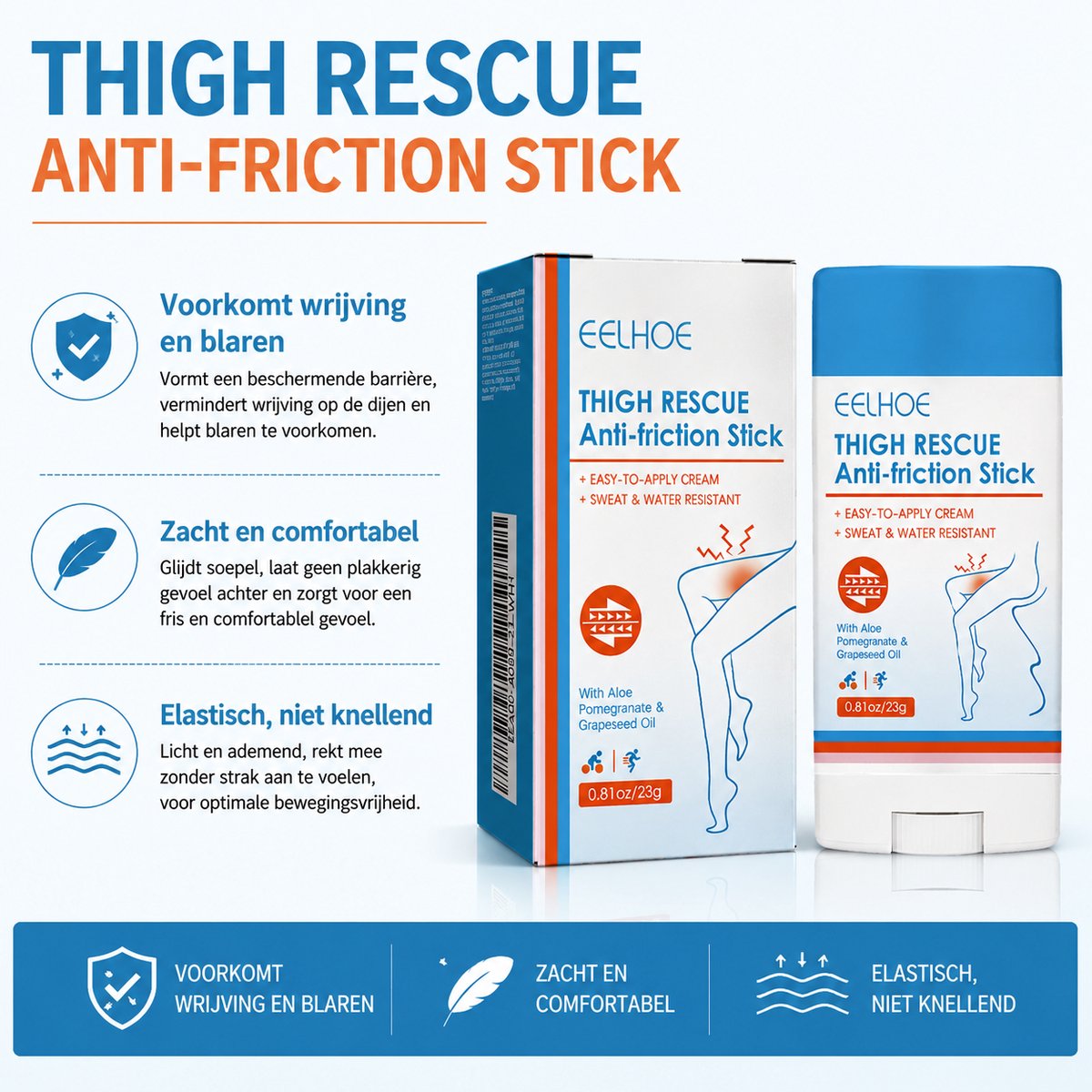 EELHOE Classic - Thigh Rescue Anti-frictie Stick - Met Aloë, Granaatappel & Druivenpitolie - Zweet & Waterbestendig, Gemakkelijk Aanbrengen - Voor Dijën & Lichaam - 23g