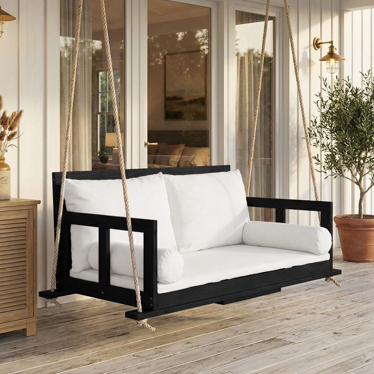 BLACKCOLORS Schommelbank voor twee personen, hangschommel voor in de tuin, inclusief kussen en twee touwen, frame niet inbegrepen. Het kussen is afneembaar en wasbaar. Van acaciahout, zwart + beige
