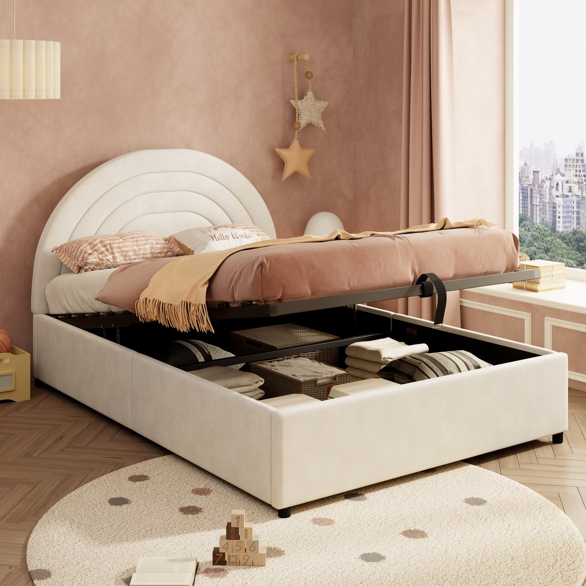BLACKCOLORS Gestoffeerd bed 140*190, kinderbed met lattenbodem en hoofdeinde, jeugdbed, geschikt voor volwassenen en jongeren, houten latten, eenvoudige montage, fluweel, beige