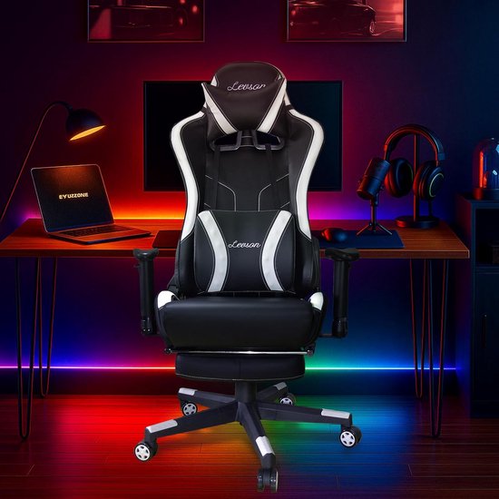 Gamingstoel Ergonomisch - Bureaustoel Computerstoel - Comfortabel Gamen - Met Lendensteun Voetsteun - Tot 150 kg - Wit Oranje — afbeelding 3