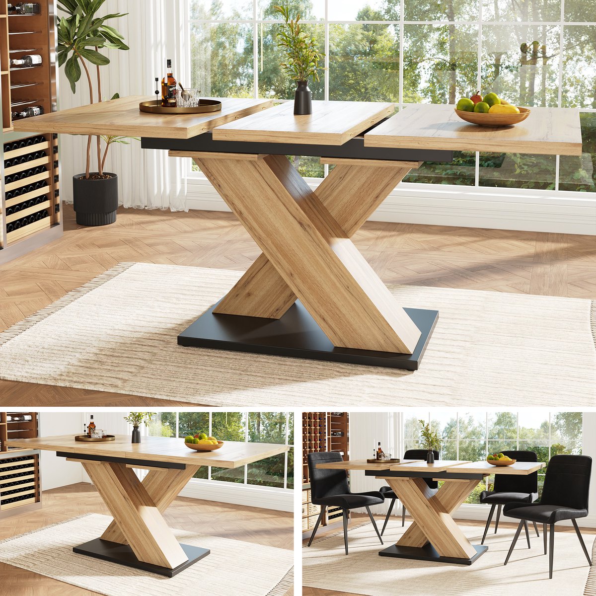 Uitschuifbare Tafel, Telescopische Eettafel (119-158,5 x 80 cm), Keukentafel, Verlengbare Tafel - Uitschuifbaar tot 119-158,5 cm met Behulp van Interne Verlengstukken, voor Keuken en Woonkamer, Houtkleurige Eettafel met Gebogen Blad