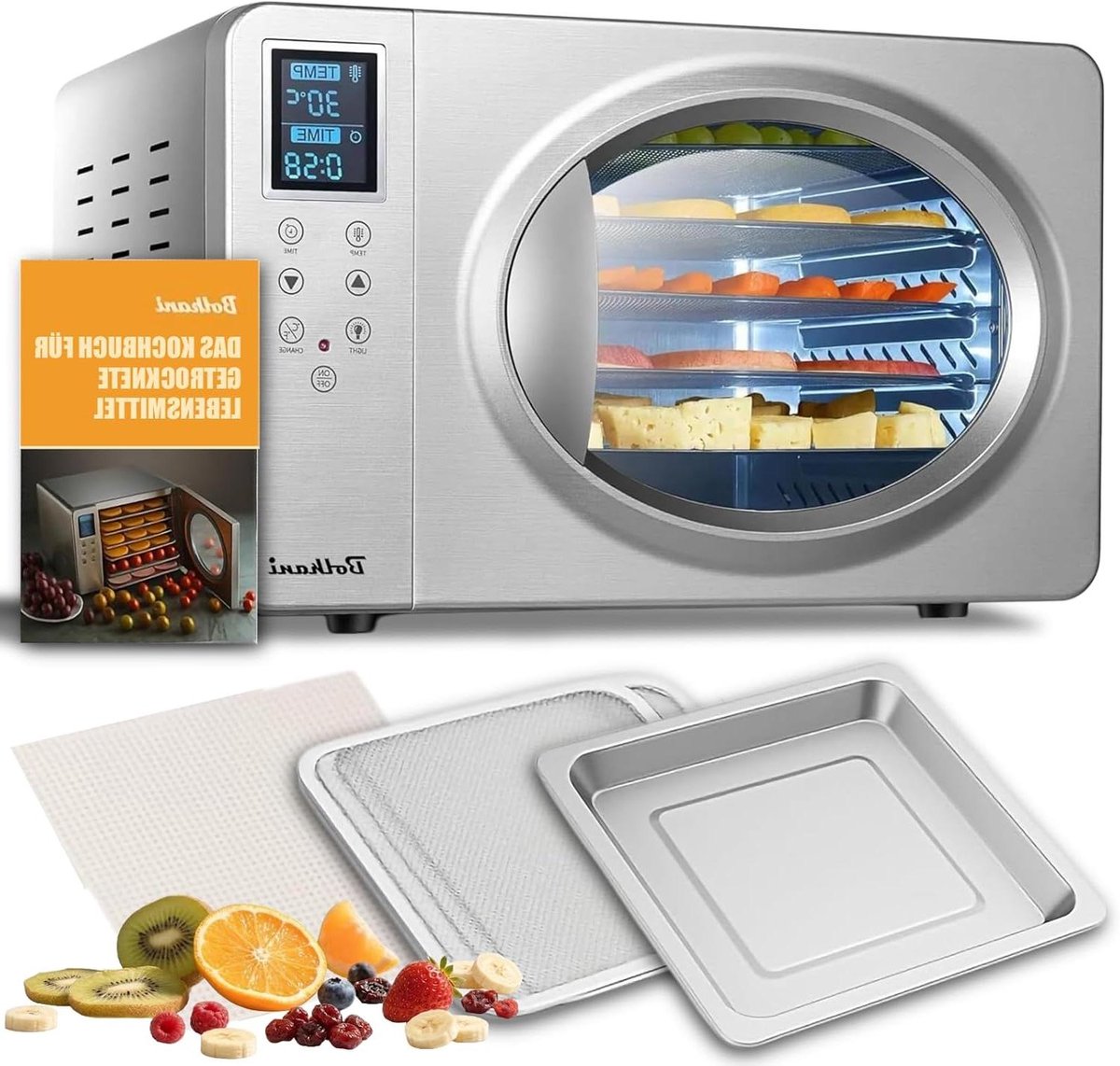 Voedseldroger van roestvrij staal, 6 tablets, 500 W, led-display, 30-90 °C, 24-uurs timer, stille werking, inclusief lekbak en droogmat voor fruit en vlees
