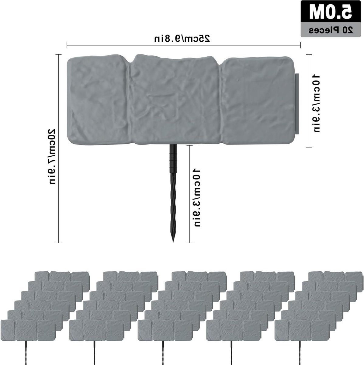 Gazonrand Kunststof - Tuinpalissade Borderrand - Tuin Inrichten - Flexibel Steenlook Design - 20 Stuks 5 Meter - Grijs