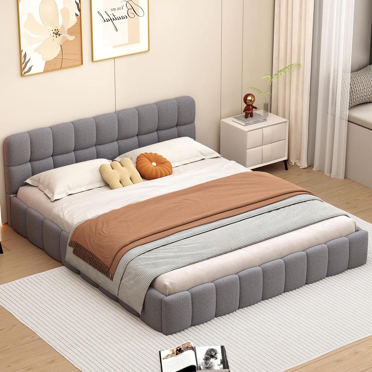 Gestoffeerd Bed - Tweepersoonsbed Linnen - Slaapkamer Meubel - Met Bedlade Opbergruimte - 140x200 cm - Grijs