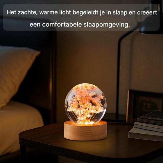 GELLDG Nachtlampje met bloemen en kristallen bol - 6 cm Bol-lamp - Met houten voet - LED-nachtlampje geschikt voor slaap- en woonkamer - Verjaardagscadeau geschikt voor vrouwen - Rode margriet van GelldG — afbeelding 2