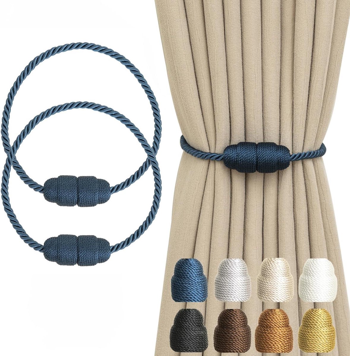 Gordijn Binders - Gordijn Houder - Venster Decoratie - Sterke Magnetische Sluiting - 48cm Lengte - Blauw