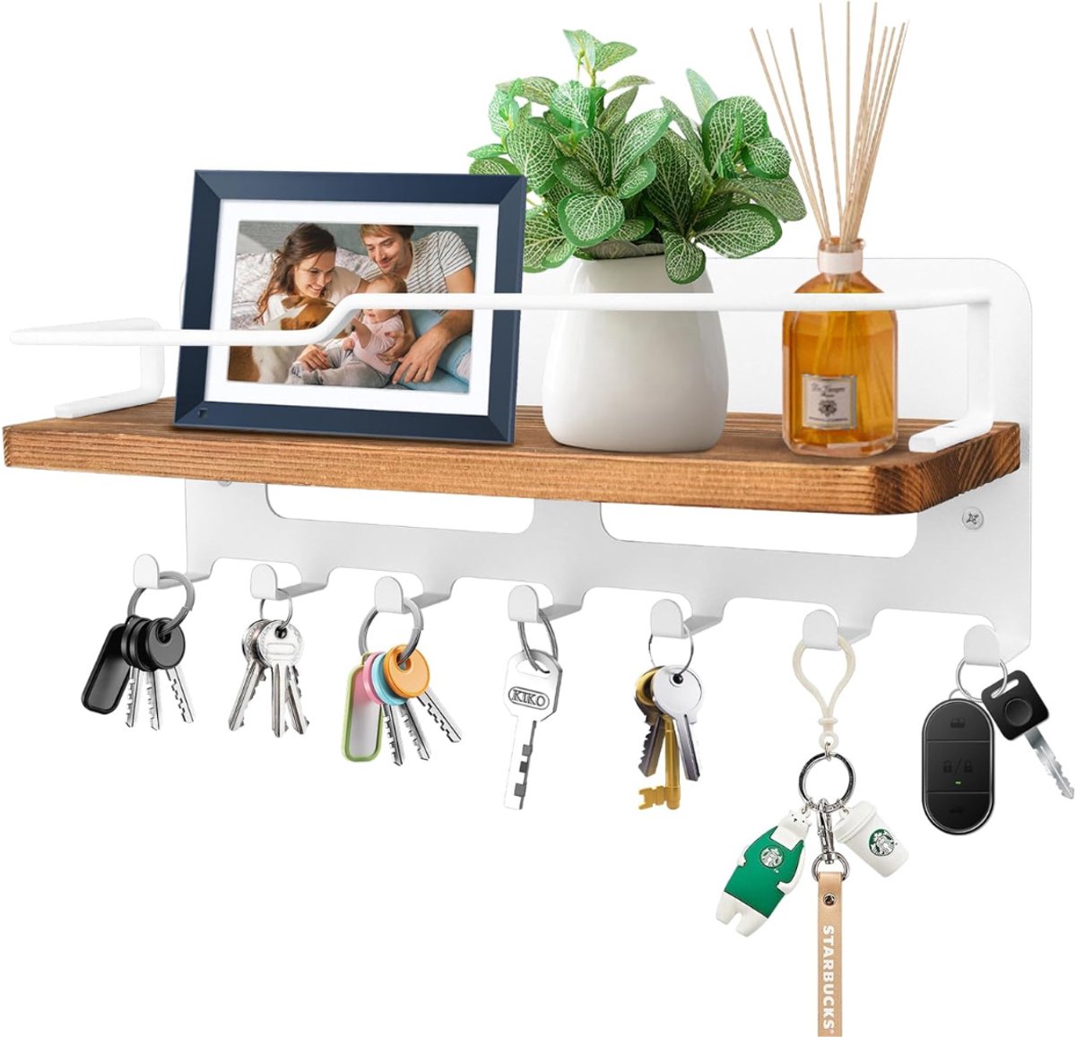HEZIVO® Sleutelbakje met Plank - Sleutelrekje Hangend - Sleutelhouder - Sleutel Bakje - Key Organizer - 7 Haken - Wit