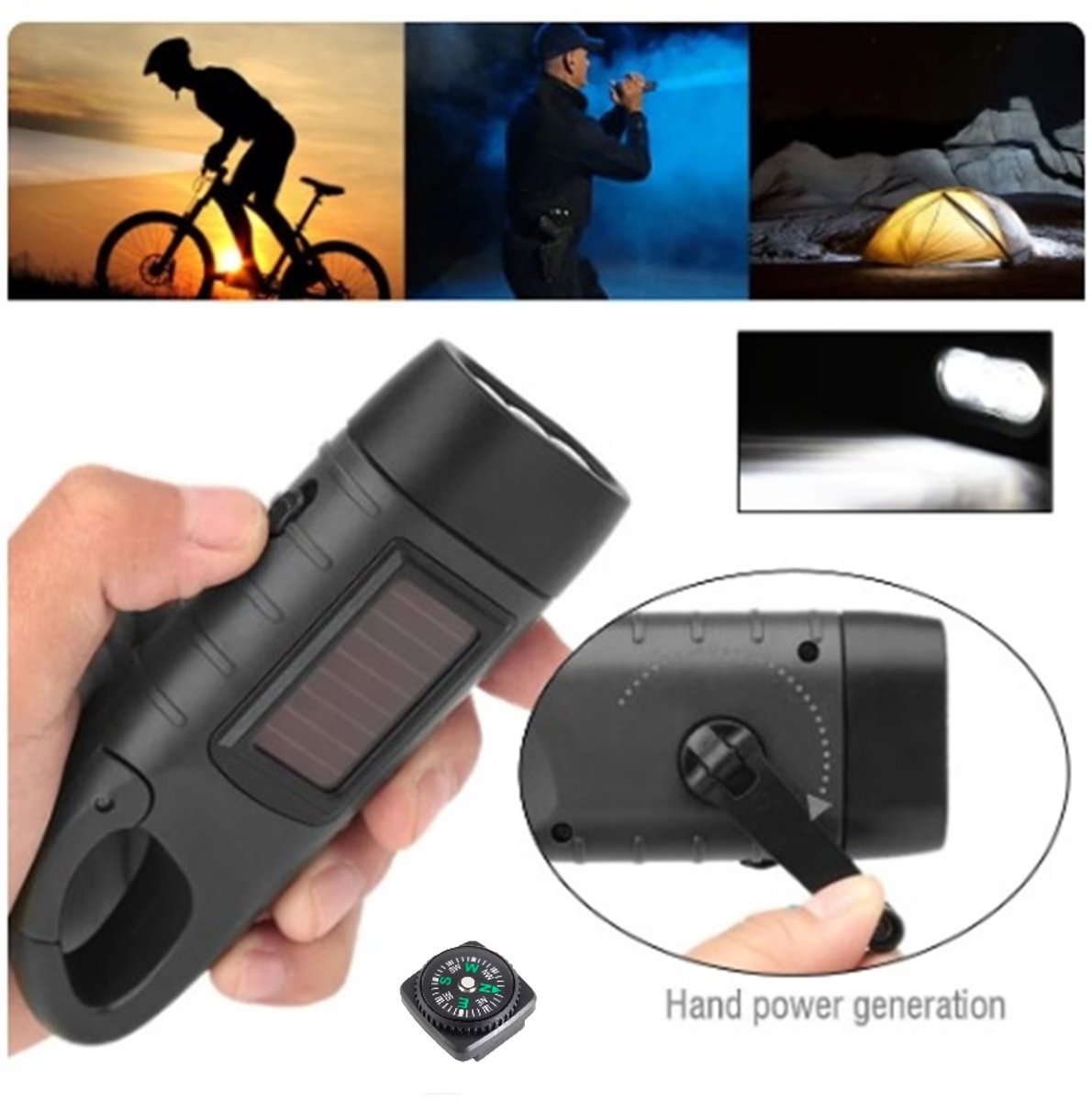 Han-Bar® Zaklamp op Zonne-energie – handslinger-generator - Compact, Krachtig & Altijd Gebruiksklaar - Legergroen