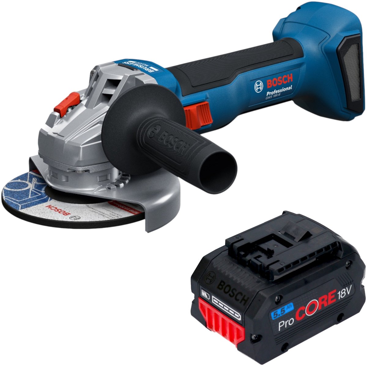 Bosch GWS 18V-8 Professional accu-haakse slijper 18 V 125 mm borstelloos + 1x ProCORE-accu 5,5 Ah - zonder oplader