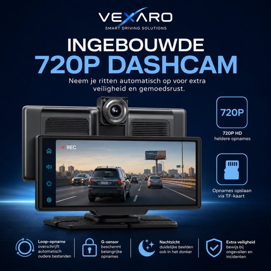Vexaro Draagbaar Apple CarPlay & Android Auto Scherm - Met Ingebouwde Dashcam - 10,26 Inch On-Dash Navigatie - Bluetooth & FM — afbeelding 5