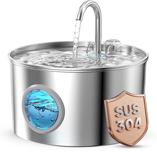 Petsy Drinkfontein kat RVS luxe 2026 - Hond - Waterfontein - 2.6 Liter - incl 2 Filters