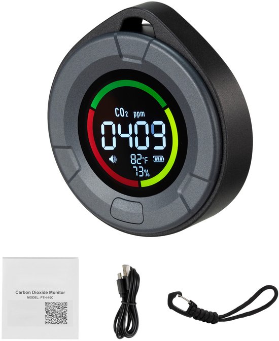 Draagbare CO2-Melder, Compacte CO2-Meter met Temperatuur- en Vochtigheidsweergave, Meetbereik 400-5000 Ppm, Luchtkwaliteitstester met Ndir-Sensor, Koolstofdioxidedetector voor Thuis, Kantoor en Auto