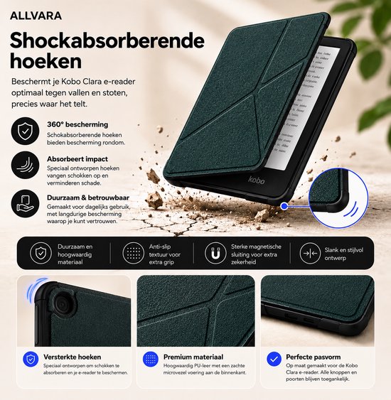 Allvara® Ereader hoes - Kobo Clara BW - Multifunctioneel - Ingebouwde standaard Trifold - Wake/Sleep Cover - 360° Bescherming - Groen — afbeelding 2