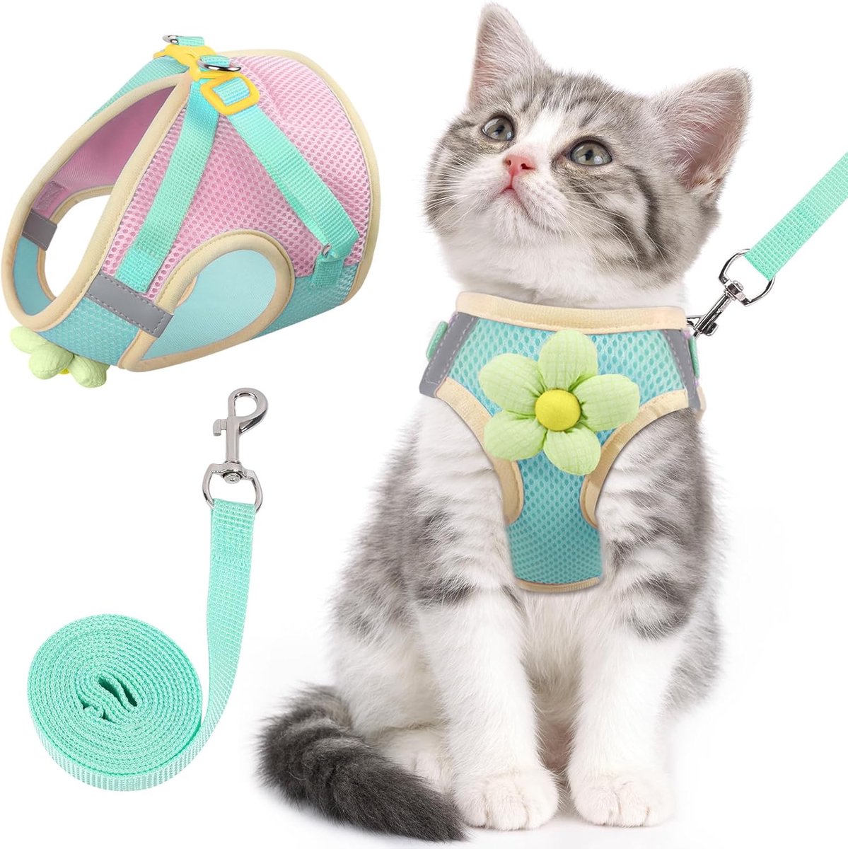 Ulisem - Kattentuigje en riemset - voor wandelen - ontsnappingsbestendig - verstelbaar kittentuigje van ademend mesh met reflecterende strepen - tuigje met bloemmotief voor kitten, puppy en konijn - groente- S