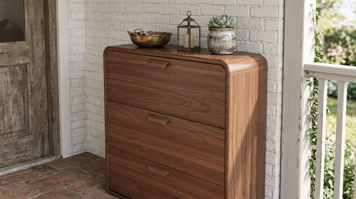 Schoenenkast smal met klapdeuren – House&Garden schoenenkast hout walnoot 2-laags verstelbaar – ruimtebesparende schoenenorganizer voor hal, gang en entree – compacte schoenenopberger met ventilatie en open onderruimte – 100 cm breed