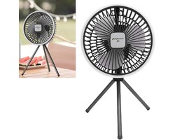 Rookgrijze outdoor campingventilator – USB-oplaadbare ventilator – met standaard – draagbare tentventilator met verlichting – hoogwaardige 10000mAh-batterij – ophanghaak niet inbegrepen