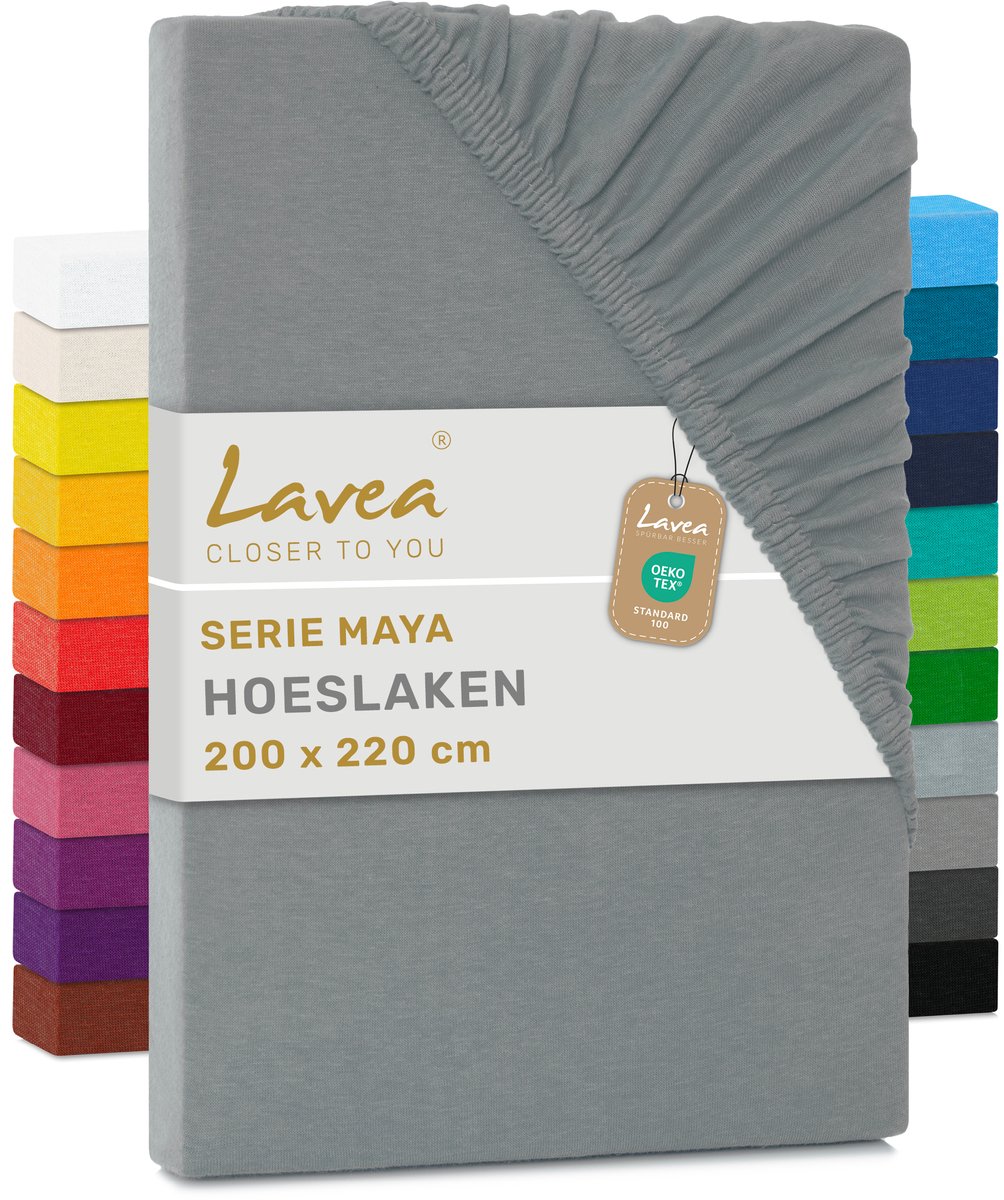 Lavea® Set van 2 Hoeslakens 200x220 cm – 100% Zacht en Ademend Katoen – voor Dikke Matrassen tot 35 cm – Jersey met Elastiek rondom – Middengrijs