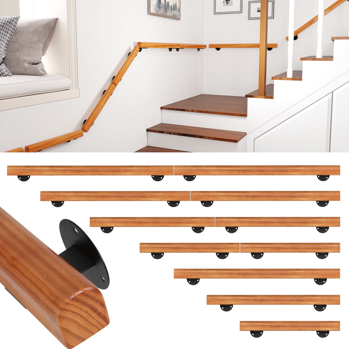 Koppelbare houten trapleuning 150 cm - Halfrond model - Massief grenenhout - Licht walnoot - Ø5 cm - 2-delig