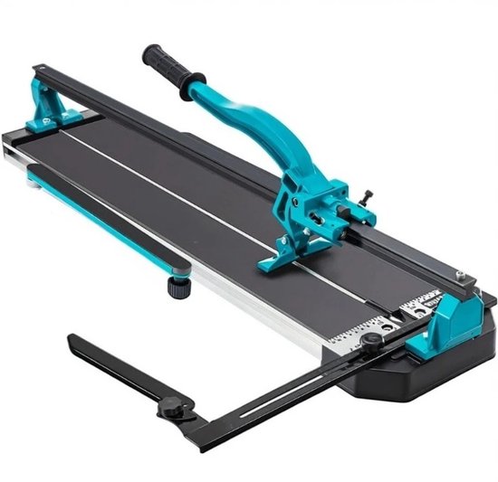 Turquoise en zwarte tegelsnijder met handvat, rubberen handvat, snijrails en een schaalverdeling.