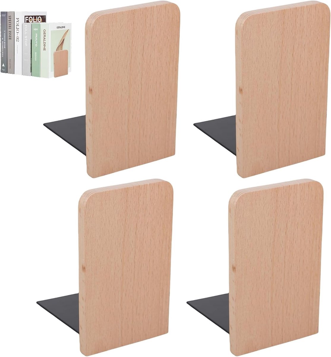 Set van 4 Houten Boekensteunen 13 x 8 x 10,5 cm, Decoratieve Boeksteunen voor Thuis, Kantoor en School, Perfect voor Boeken en Borden