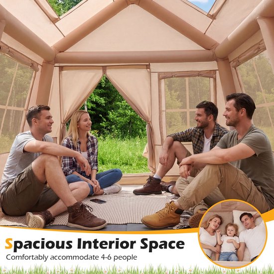 Opblaasbare tent - pblaasbare glamping tent - Waterdicht - Tot 6 personen - Khaki - Camping - Tuin - Glamping - 253L x 213 B x 183 H cm — afbeelding 2