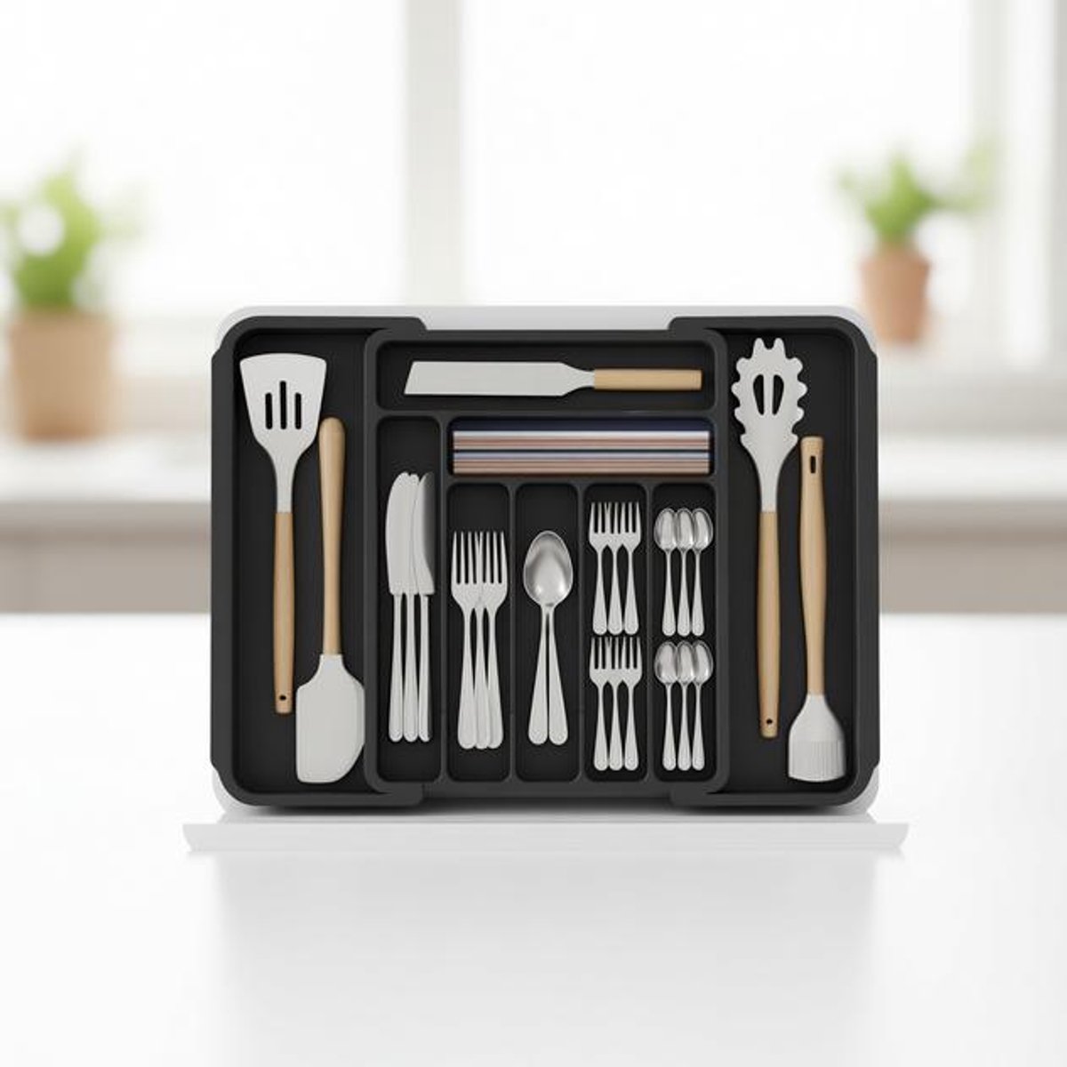 ElleMooi Bestek Lade Organisator Uitbreidbaar 7-9 Vakken, Verstelbare Bestekbak voor Keukenlade, BPA-vrij Plastic Houder voor Keukengerei Vorken Lepels Messen, L - Zwart