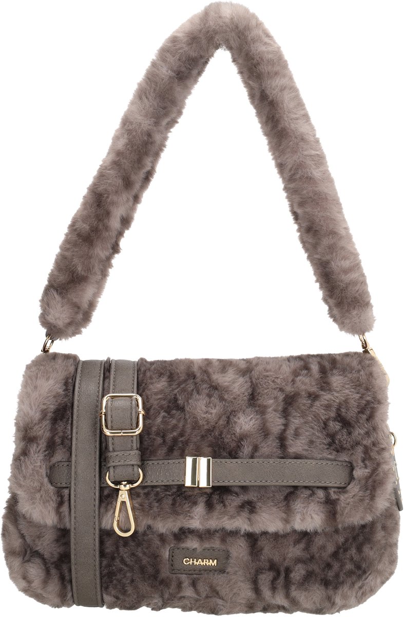 Charm London Stockholm Schoudertas - Fur - Bont Tas - Overslagtas - Verstelbare Schouderband - Bag Charm - Dames - Crossbody - Grijs slangenprint