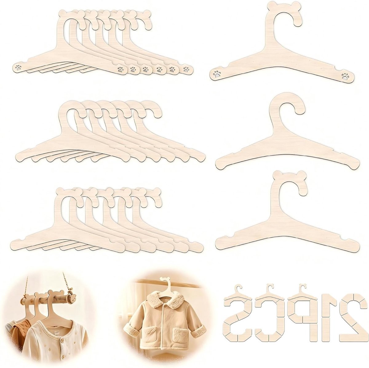 21 Houten Kinderkledinghangers: Antislip Hangers voor Baby's met 3 Schattige Ontwerpen, Ideaal voor Kleding, Broeken en Jurken