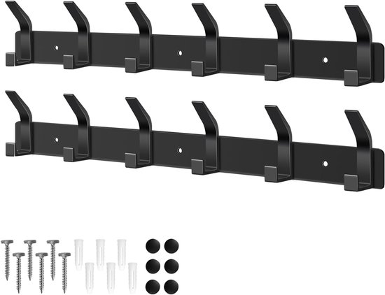 Twee zwarte kapstokken met elk 6 haken. Inclusief schroeven, pluggen en afdekdoppen.