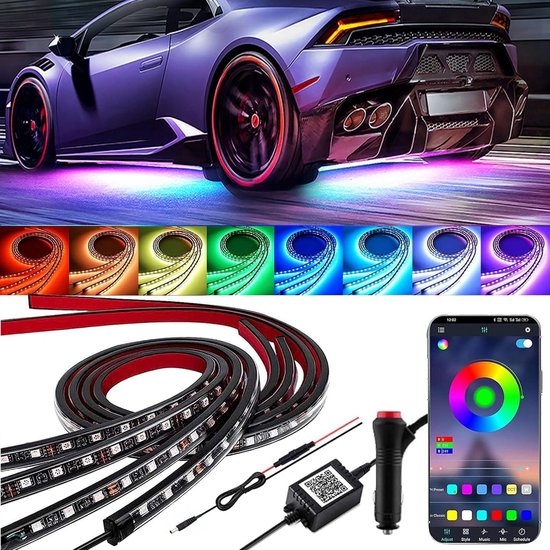 Paarse sportwagen met rode velgen en onderverlichting. Gedetailleerde foto's van de LED-strip en de app.