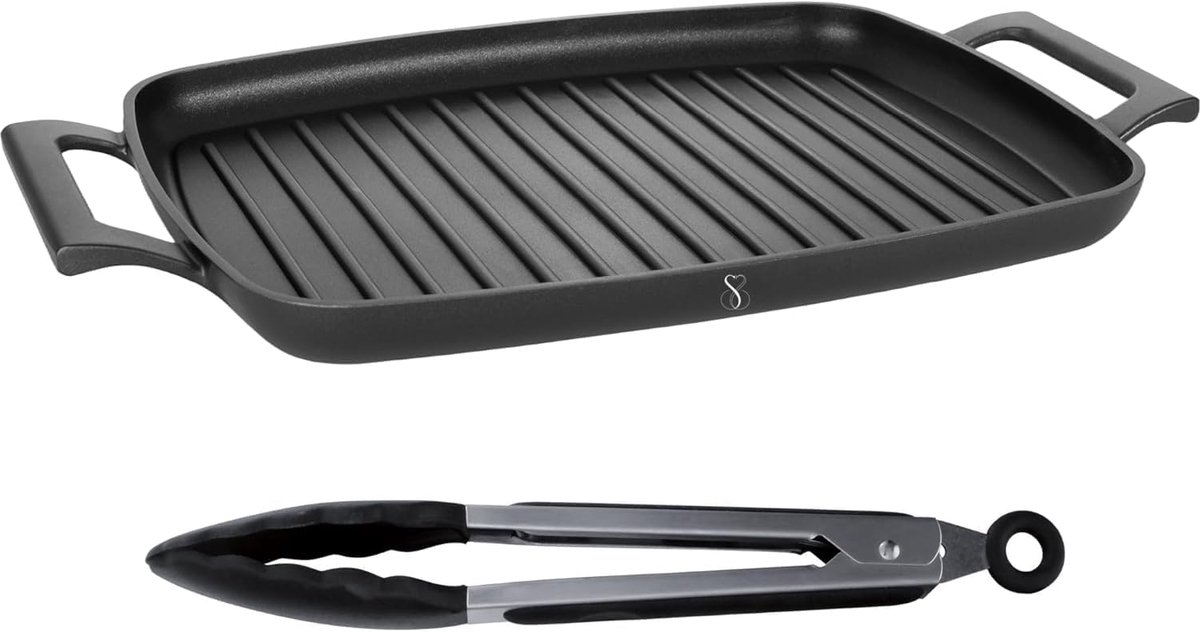 Grillplaat Steen - Bakplaat Rechthoekig - Vetarm Koken - Dubbel Gebruik - 47 x 29 cm - Zilver