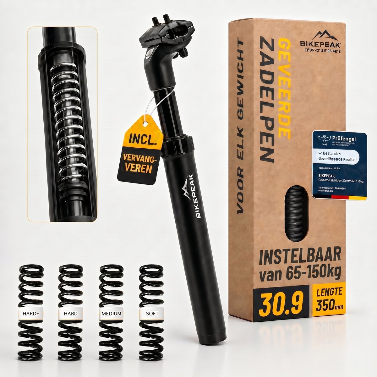 BikePeak verende zadelpen 30.9 mm diameter - 350 mm lang, incl. 4 verwisselbare veren voor lichaamsgewicht 65kg tot 150kg, Zadelpen met vering Zwart, ergonomische zadel veer, Duits Design
