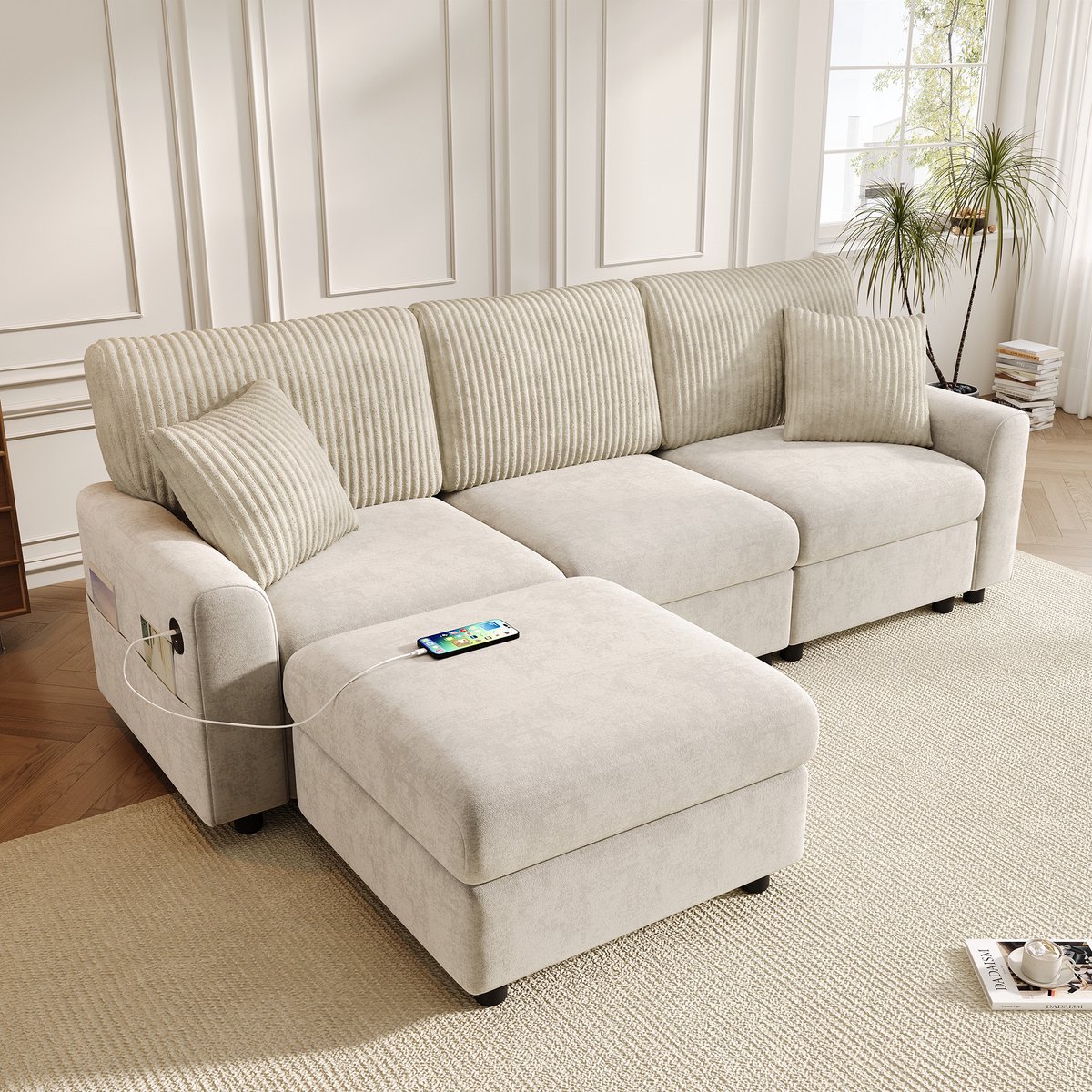 MIVRAY Hoekbank 223x146 cm - Met Voetenbank En Usb Oplaadfunctie - Voor Woonkamer En Lounge - Chenille En Ribstof - Beige